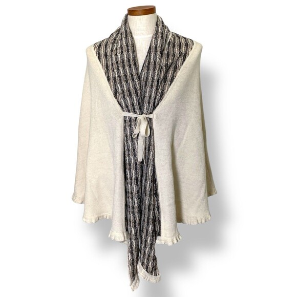 NWT Sol Alpaca Cape Wrap Poncho Cream  + Brown Tie Front Convertible Hooded New - Picture 1 of 10
